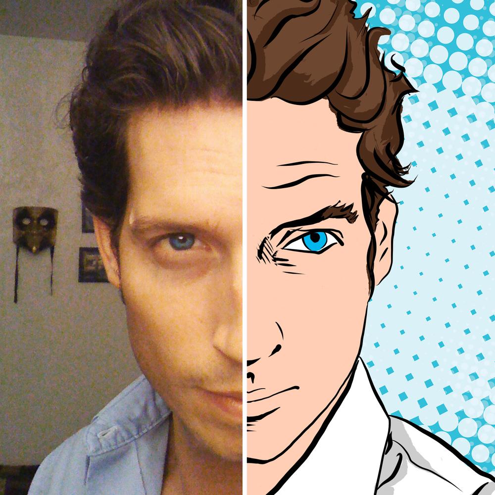 Chris Thomas: left half photograph, right half pop-art illustration of the same face